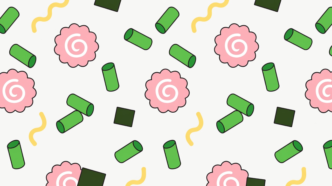 Vector illustration of ramen ingredients like narutomaki and scallions
