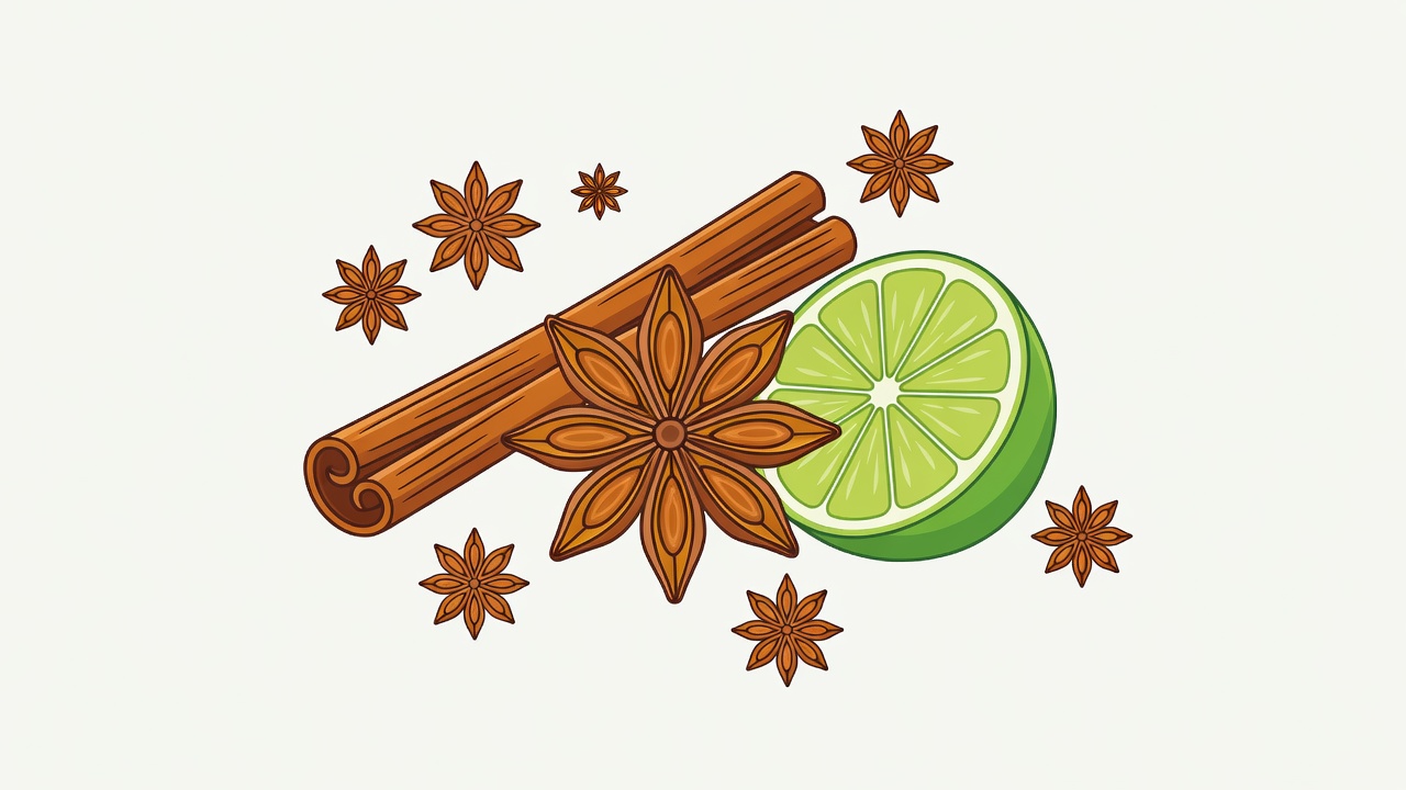 Vector graphic showing star anise, cinnamon sticks, and lime
