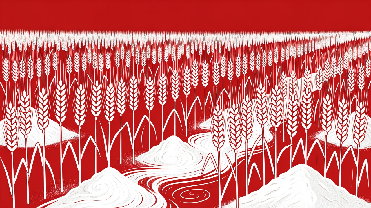Vector graphic in red and white of wheat stalks and flour
